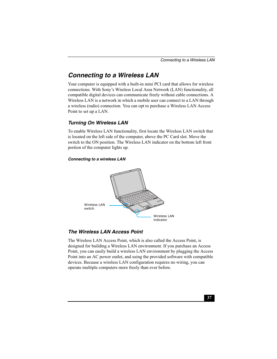 Connecting to a wireless lan, Turning on wireless lan, The wireless lan access point | Sony PCG-SRX87 User Manual | Page 37 / 143