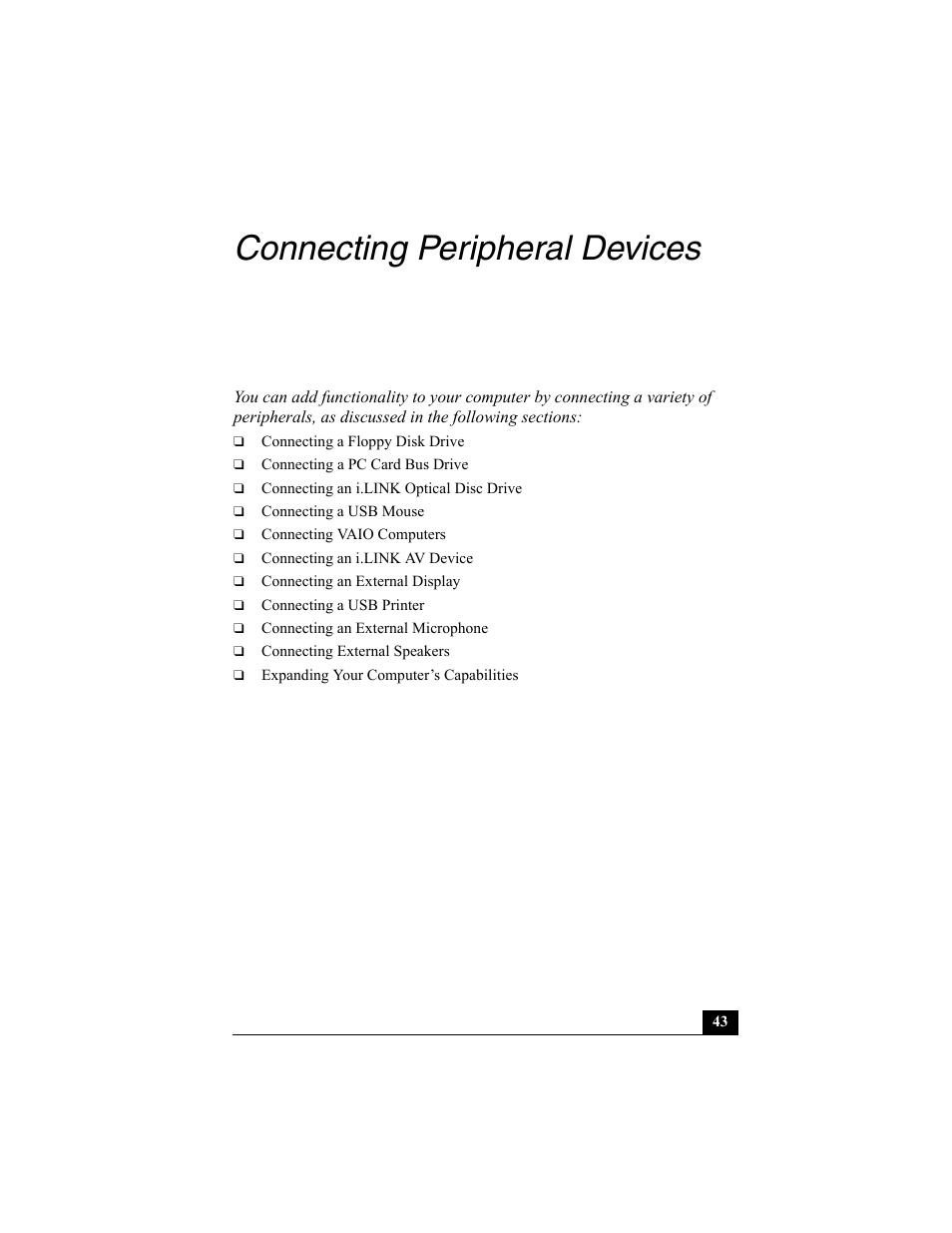 Connecting peripheral devices | Sony PCG-SRX87 User Manual | Page 43 / 143