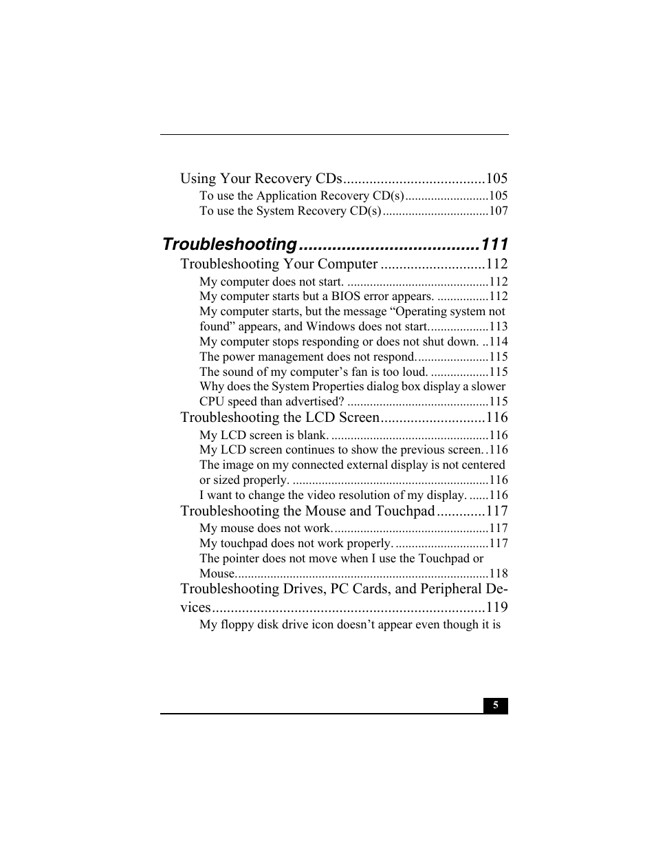 Troubleshooting | Sony PCG-SRX87 User Manual | Page 5 / 143