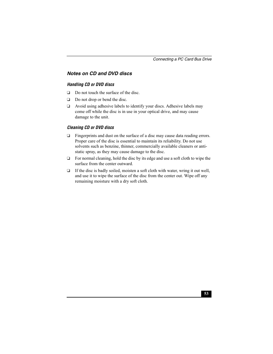 Notes on cd and dvd discs | Sony PCG-SRX87 User Manual | Page 53 / 143