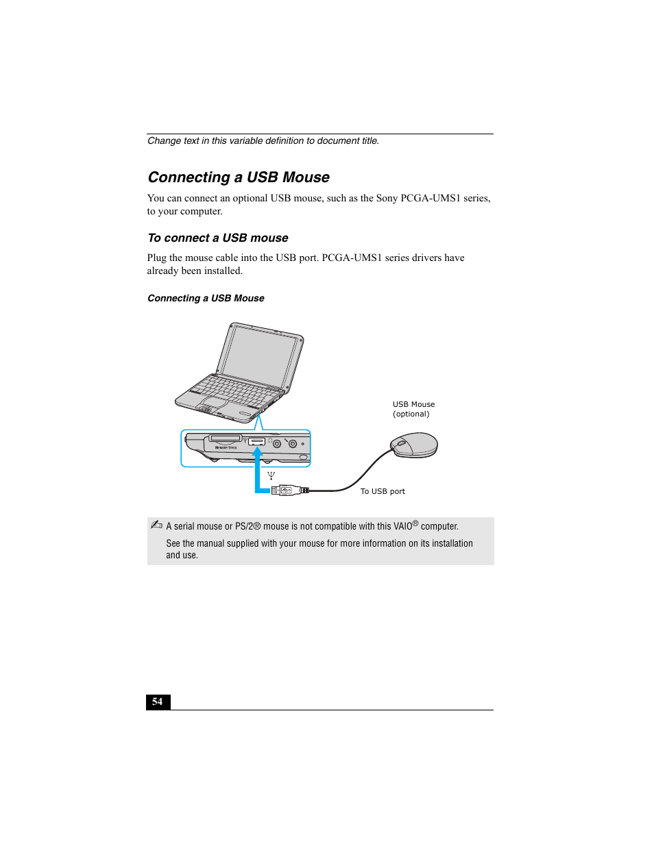 Connecting a usb mouse, To connect a usb mouse | Sony PCG-SRX87 User Manual | Page 54 / 143