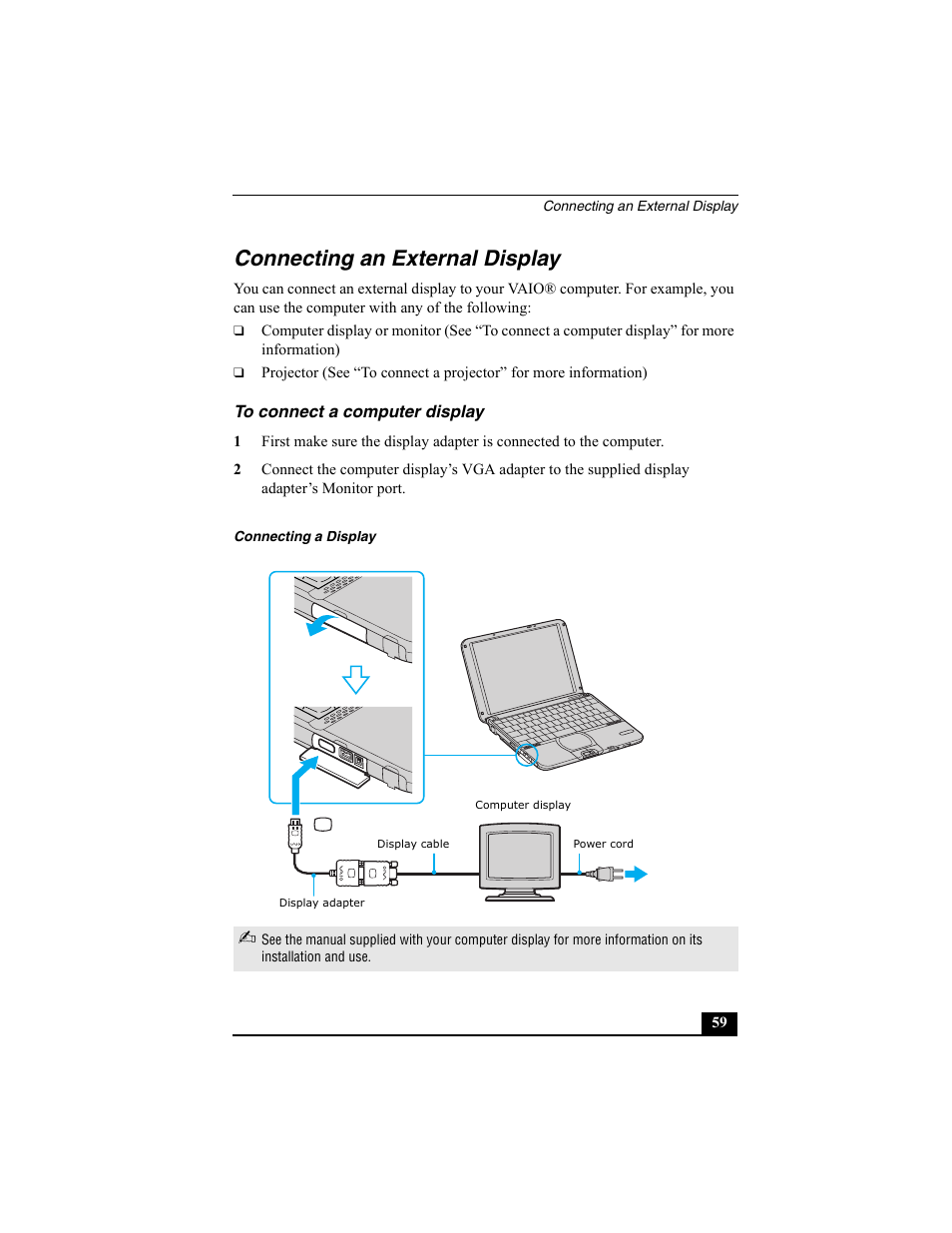 Connecting an external display, To connect a computer display | Sony PCG-SRX87 User Manual | Page 59 / 143