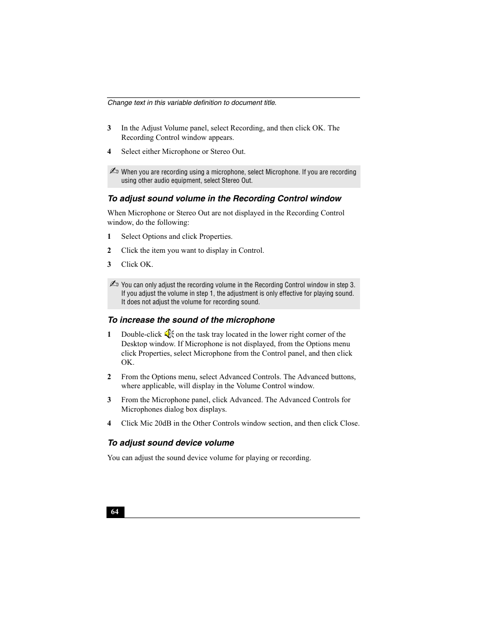 To increase the sound of the microphone, To adjust sound device volume | Sony PCG-SRX87 User Manual | Page 64 / 143