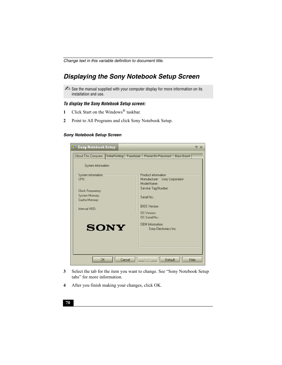 Displaying the sony notebook setup screen | Sony PCG-SRX87 User Manual | Page 70 / 143