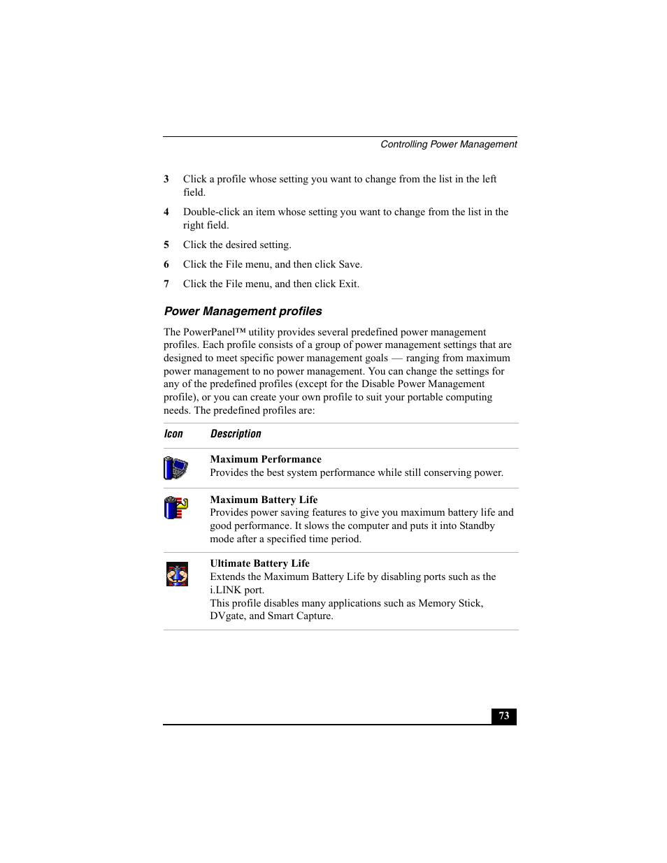 Power management profiles | Sony PCG-SRX87 User Manual | Page 73 / 143