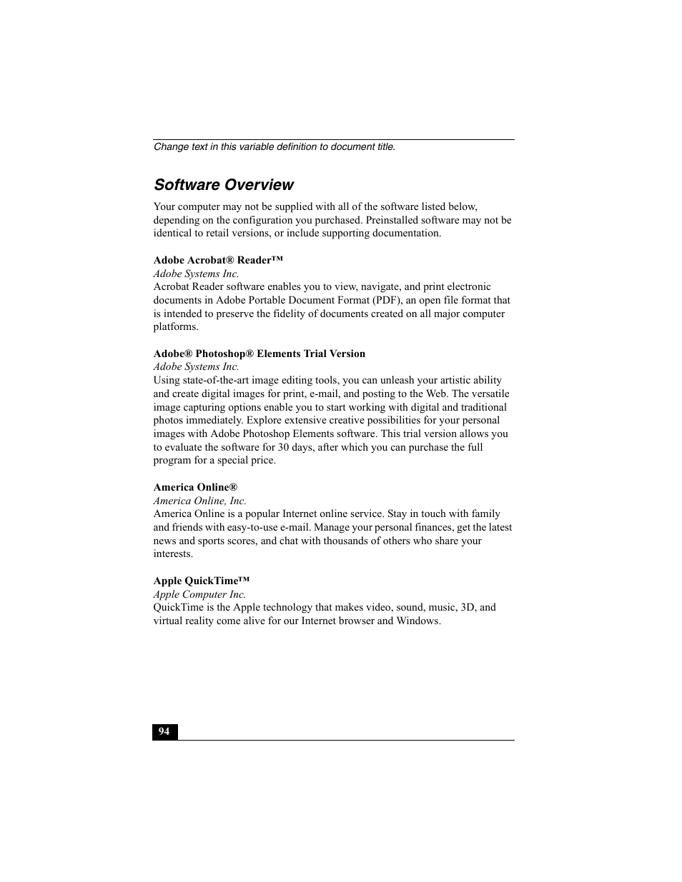 Software overview | Sony PCG-SRX87 User Manual | Page 94 / 143