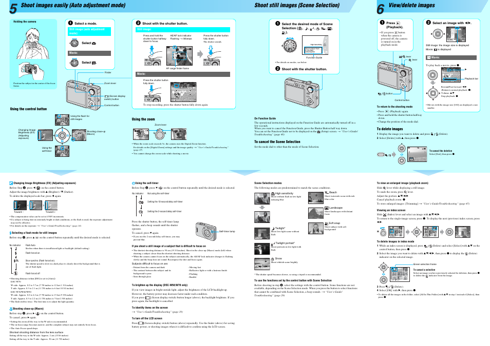 Back/next, Volume vga, Std 6 4 0 stop rev/cue volume | Single display, Shoot images easily (auto adjustment mode), Shoot still images (scene selection), View/delete images | Sony DSC-W50 User Manual | Page 2 / 2