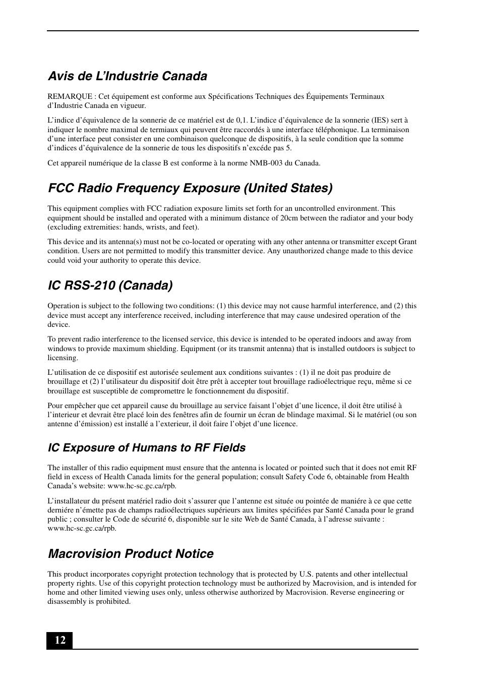 Avis de l’industrie canada, Fcc radio frequency exposure (united states), Ic rss-210 (canada) | Macrovision product notice, Ic exposure of humans to rf fields | Sony VGN-FE780G User Manual | Page 12 / 20