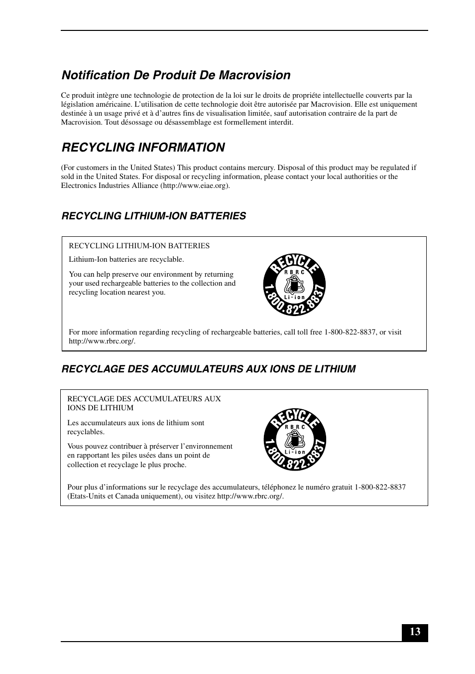 Notification de produit de macrovision, Recycling information | Sony VGN-FE780G User Manual | Page 13 / 20