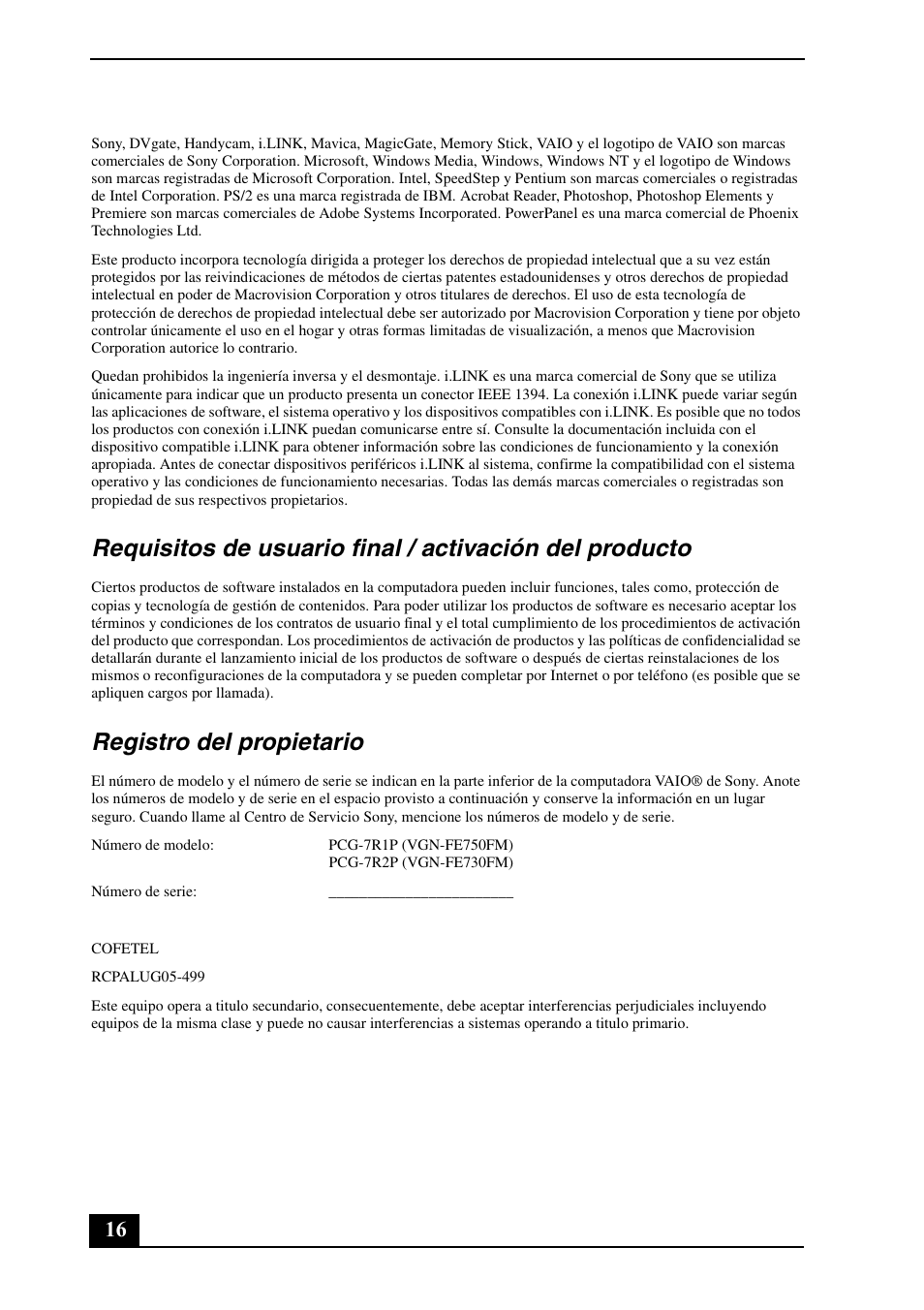 Registro del propietario | Sony VGN-FE780G User Manual | Page 16 / 20