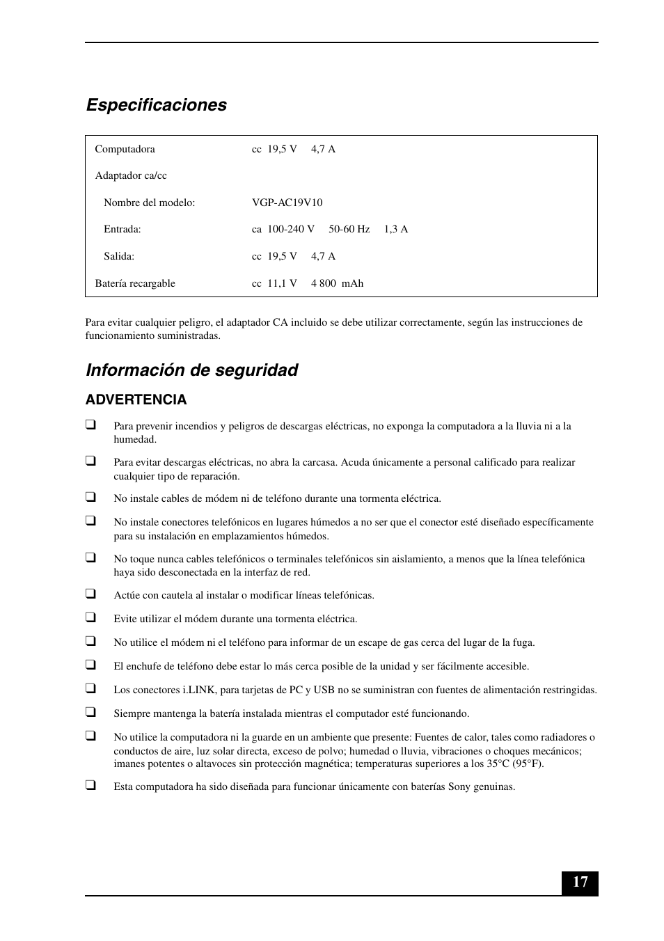 Especificaciones, Información de seguridad | Sony VGN-FE780G User Manual | Page 17 / 20
