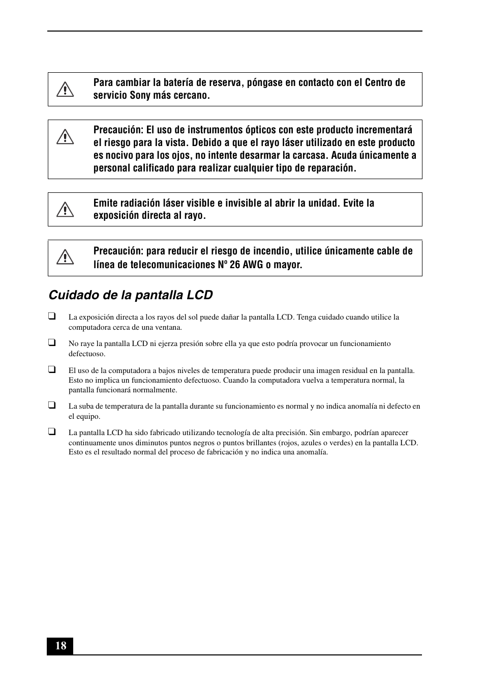 Cuidado de la pantalla lcd | Sony VGN-FE780G User Manual | Page 18 / 20