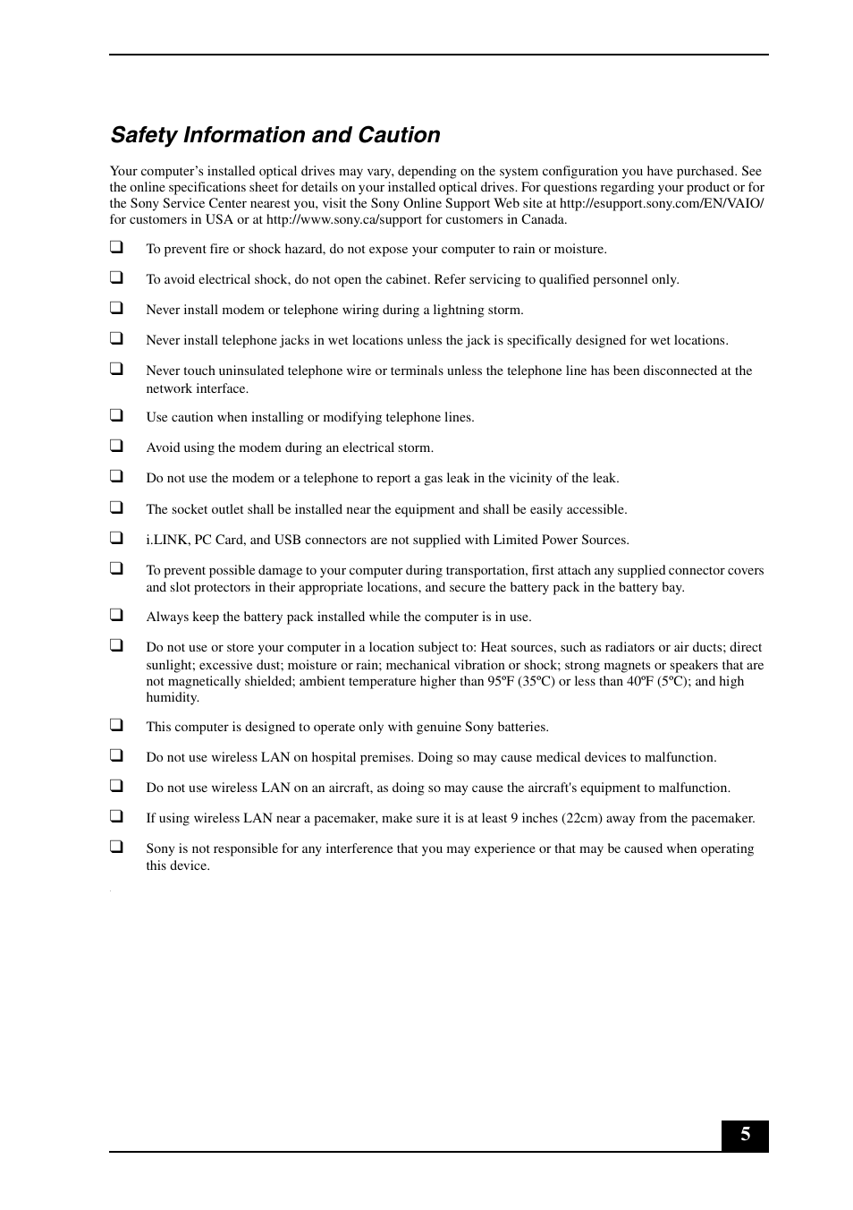 Safety information and caution | Sony VGN-FE780G User Manual | Page 5 / 20