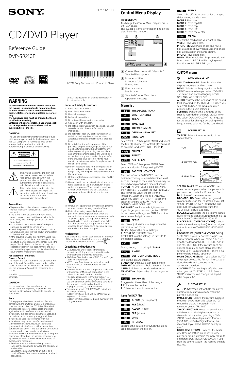 Sony DVP-SR210P User Manual | 2 pages