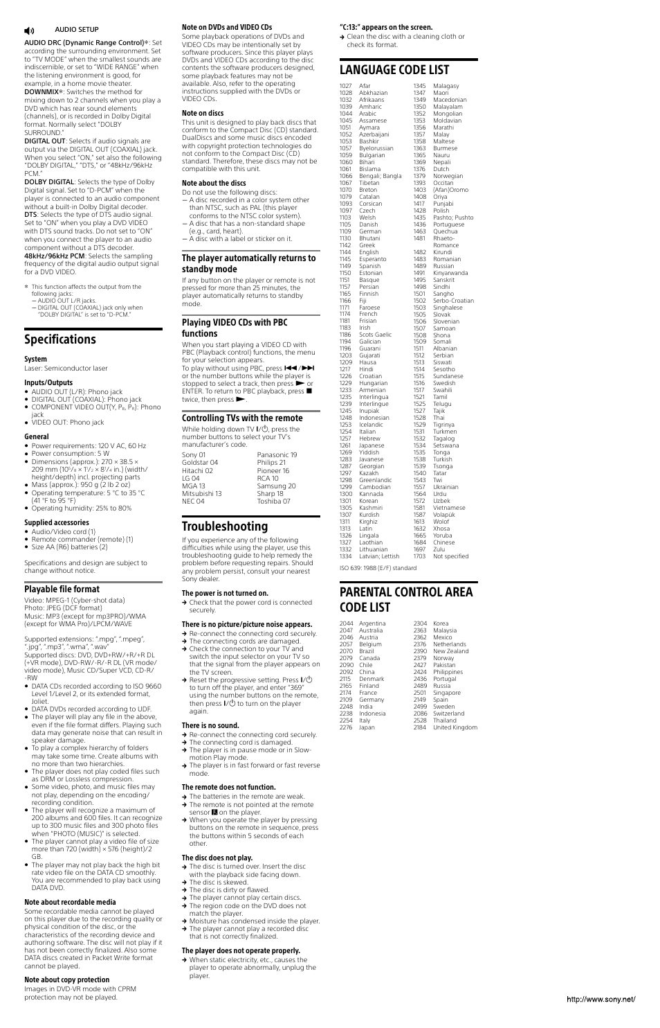 Rtf35313436313a204c332e4f53, Rtf31323537313a204c342e426f, Rtf31393033303a204c342e426f | Rtf36313634393a204c342e426f, Rtf37313330343a204c332e4f53, Rtf38363331393a204c3141433a, Rtf537570706c69656420616363, Specifications, Troubleshooting, Language code list | Sony DVP-SR210P User Manual | Page 2 / 2