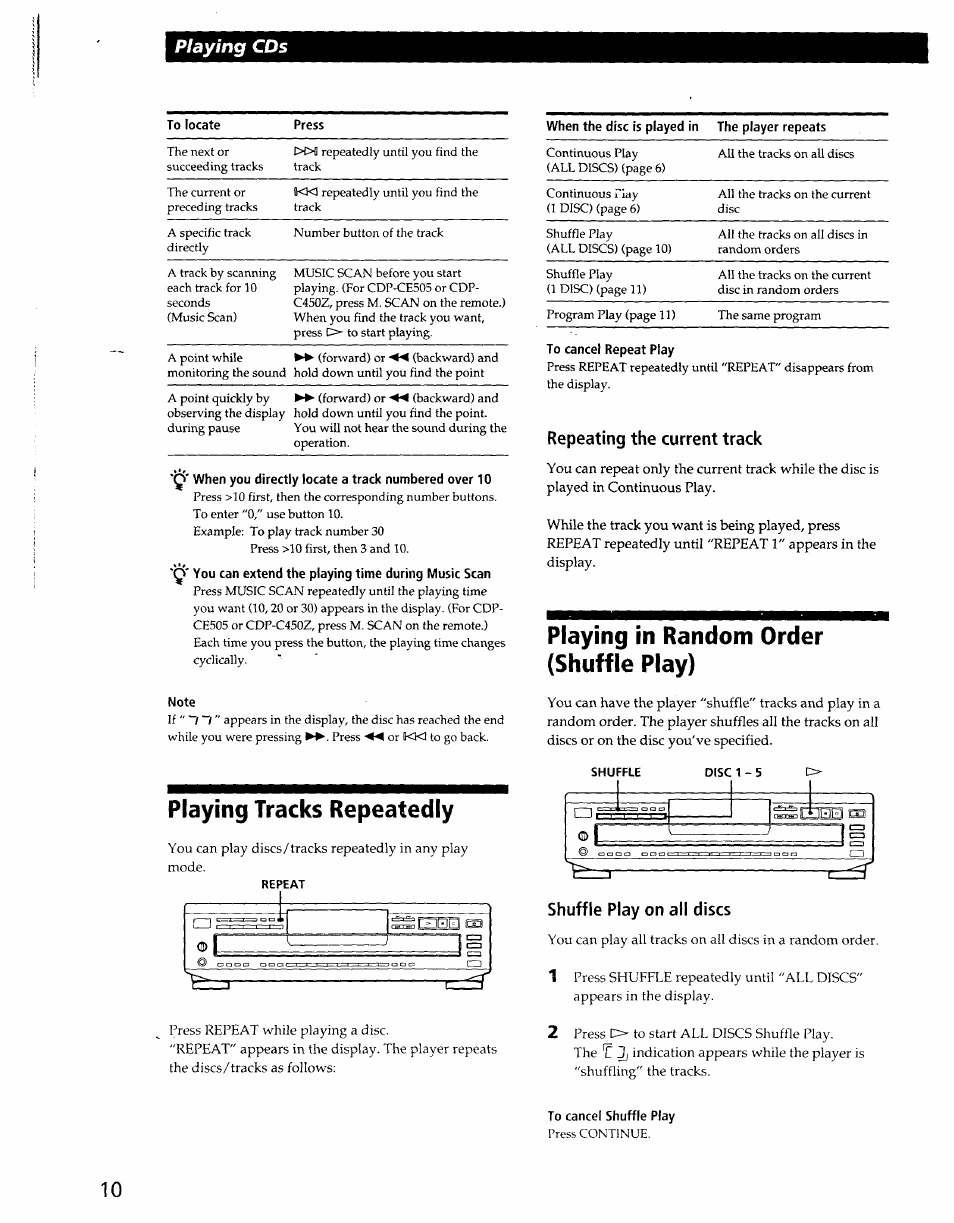 When you directly locate a track numbered over 10, Note, Playing tracks repeatedly | To cancel repeat play, Repeating the current track, Playing in random order (shuffle play), Shuffle play on all discs, To cancel shuffle play | Sony CDP-CE405 User Manual | Page 10 / 20