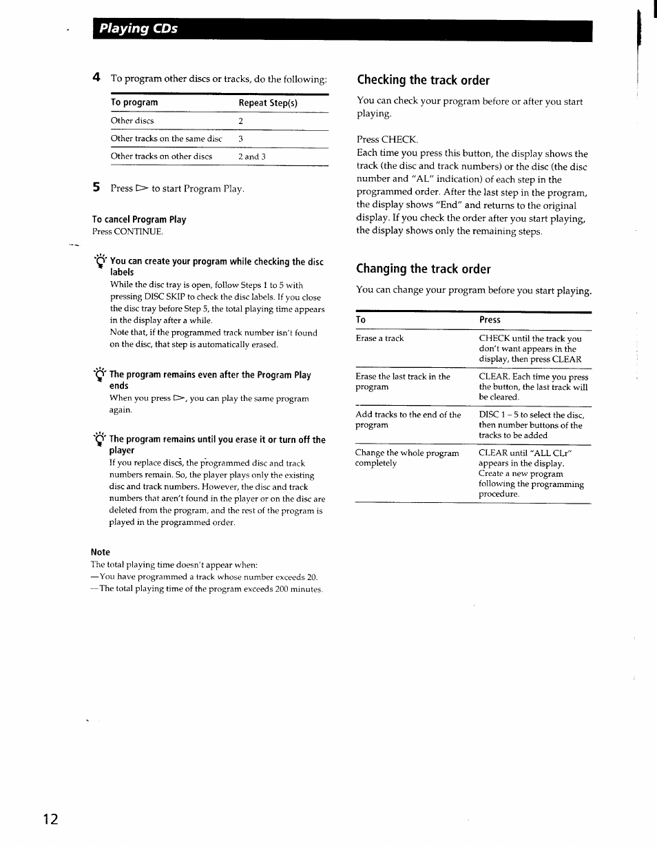 To cancel program play, Changing the track order, Note | Sony CDP-CE405 User Manual | Page 12 / 20