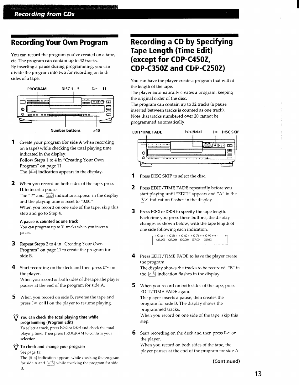 Continued), Recording your own program | Sony CDP-CE405 User Manual | Page 13 / 20