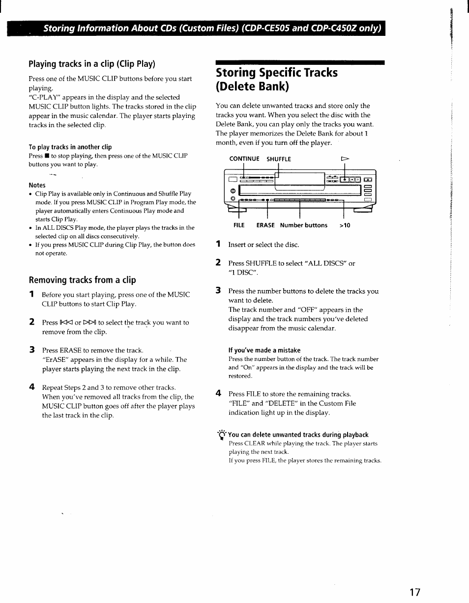 Playing tracks in a clip (clip play), To play tracks in another clip, Notes | Removing tracks from a clip, Storing specific tracks (delete bank), Continue shuffle l, File erase number buttons >10, If you've made a mistake, You can delete unwanted tracks during playback | Sony CDP-CE405 User Manual | Page 17 / 20