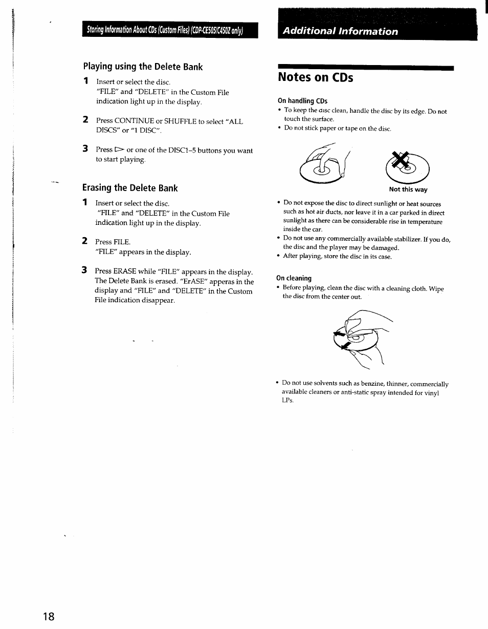 Playing using the delete bank, Erasing the delete bank, Notes on cds | On handling cds | Sony CDP-CE405 User Manual | Page 18 / 20