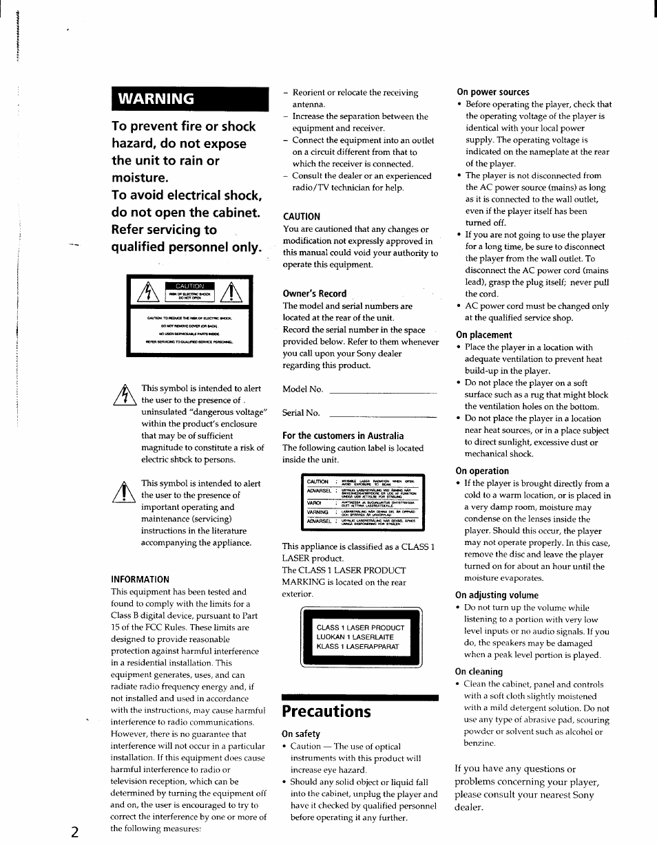 Warning, Information, Caution | Owner's record, For the customers in australia, Precautions, On safety, On power sources, On placement, On operation | Sony CDP-CE405 User Manual | Page 2 / 20