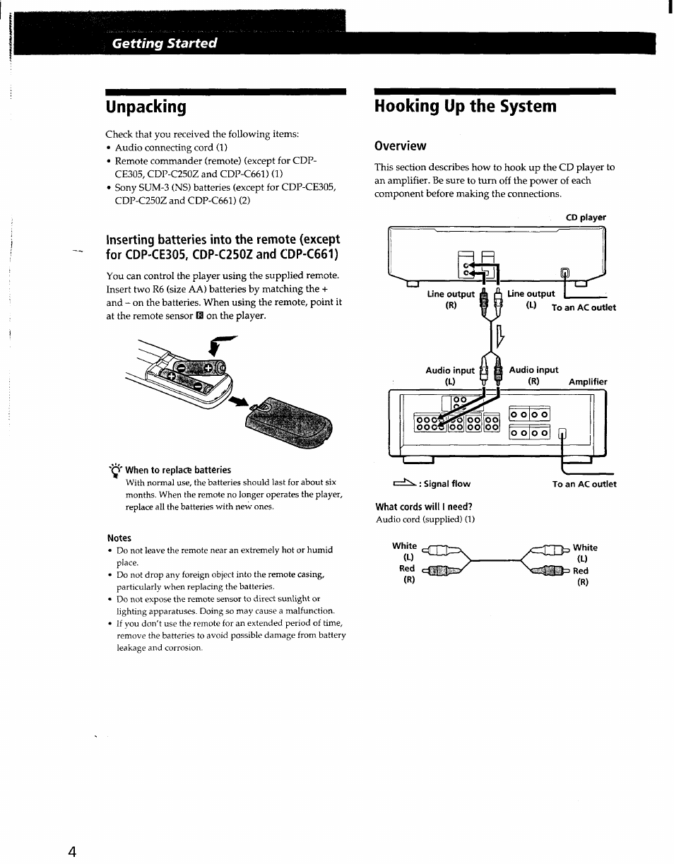 Notes, Hooking up the system, Overview | Unpacking | Sony CDP-CE405 User Manual | Page 4 / 20