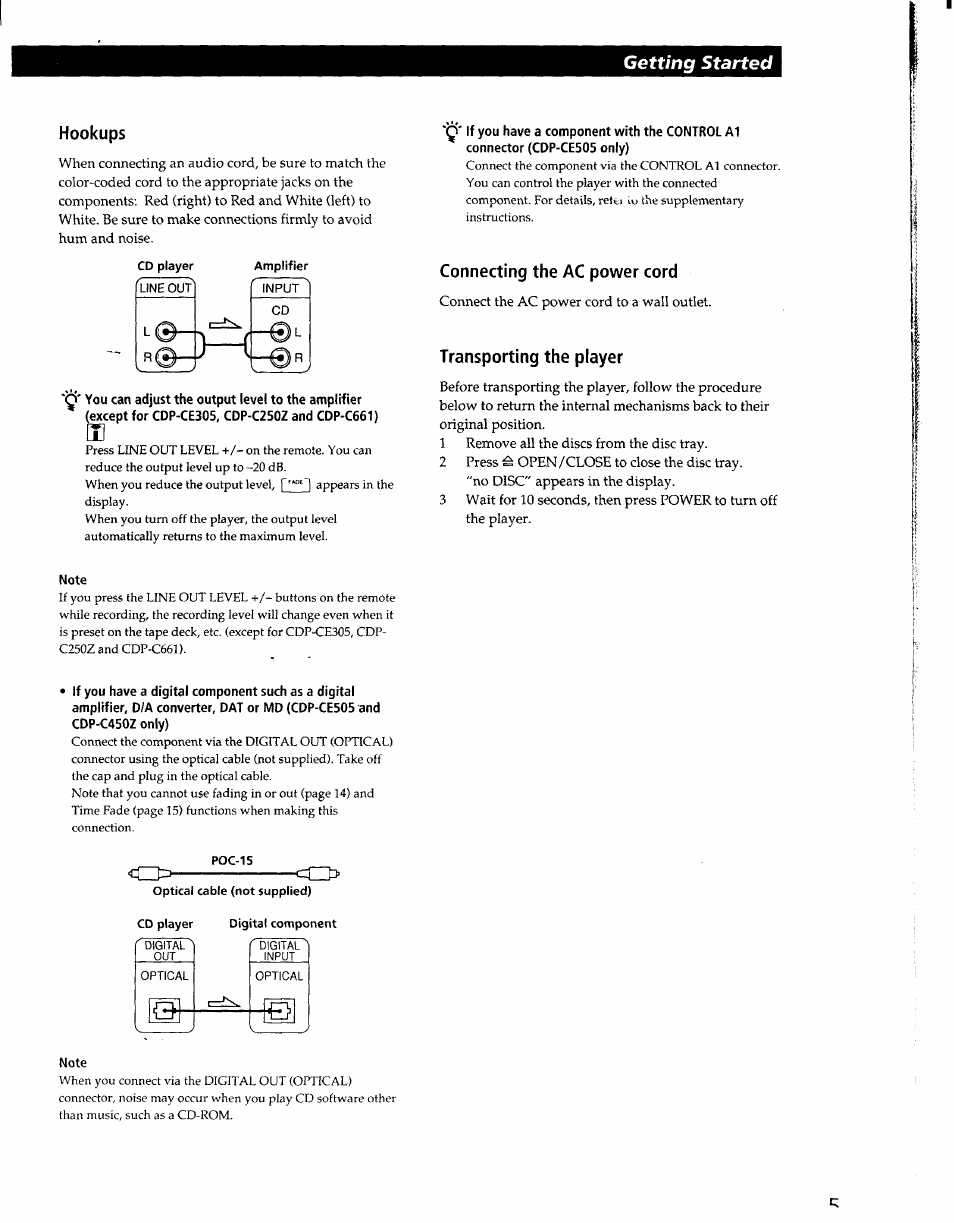 Hookups, Connecting the ac power cord, Transporting the player | Note, Getting started | Sony CDP-CE405 User Manual | Page 5 / 20