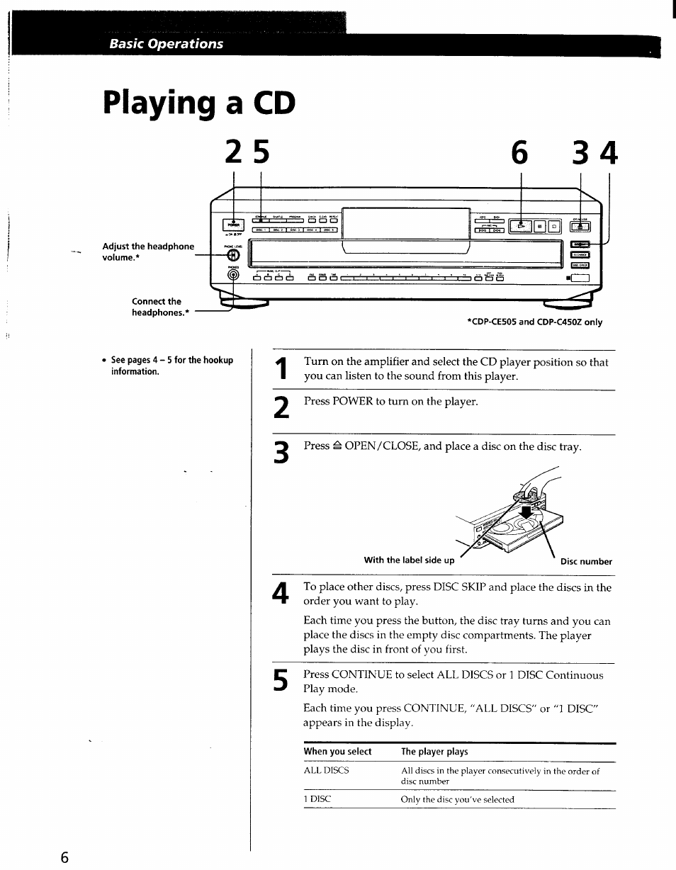 Playing a cd | Sony CDP-CE405 User Manual | Page 6 / 20