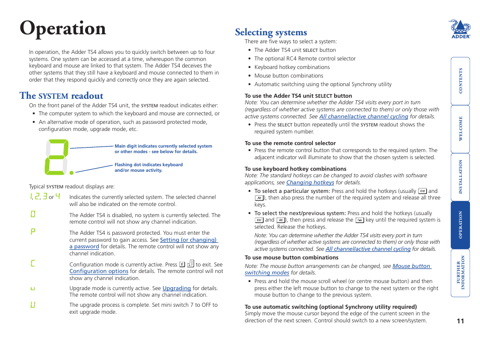 Operation, The system readout, Selecting systems | System, Readout, Selecting.systems | Adder Technology TS4 User Manual | Page 12 / 19