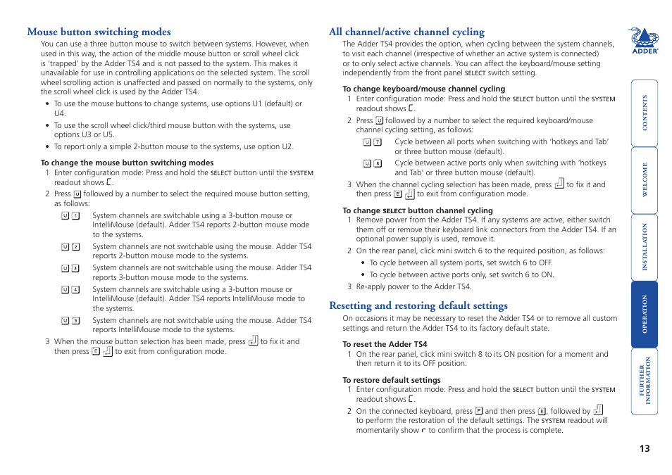 Mouse button switching modes, All channel/active channel cycling, Resetting and restoring default settings | Active systems connected. see, Mouse button, Switching modes, For details | Adder Technology TS4 User Manual | Page 14 / 19