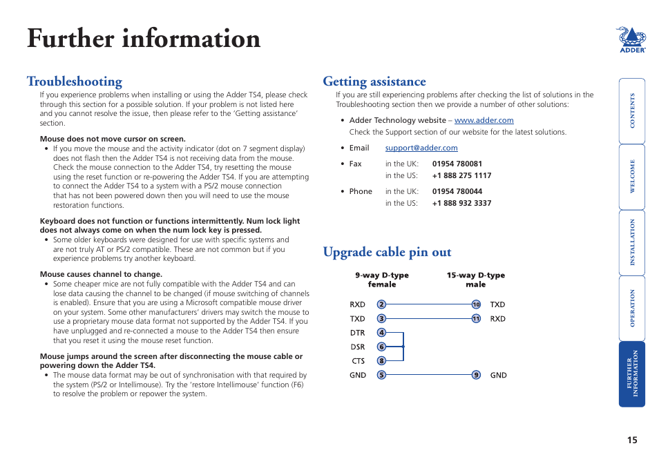 Further information, Troubleshooting, Getting assistance | Upgrade cable pin out, Eated using the, Pin-out | Adder Technology TS4 User Manual | Page 16 / 19