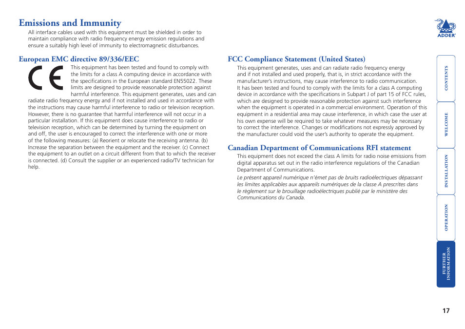 Emissions and immunity, Emissions.and.immunity | Adder Technology TS4 User Manual | Page 18 / 19