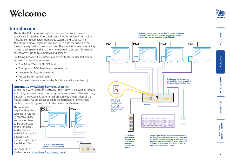 Welcome, Introduction, Automatic switching between systems | Automatic.switching.between.systems | Adder Technology TS4 User Manual | Page 3 / 19