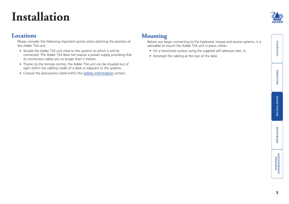 Installation, Locations, Mounting | Locations mounting | Adder Technology TS4 User Manual | Page 6 / 19