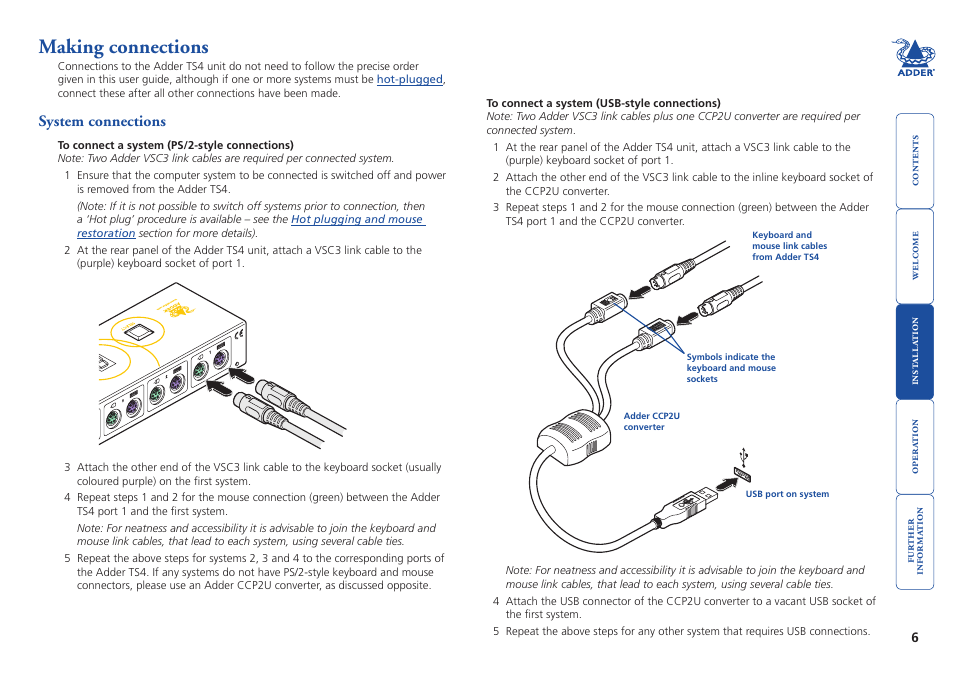 Making connections, System connections, Making.connections | System.connections | Adder Technology TS4 User Manual | Page 7 / 19