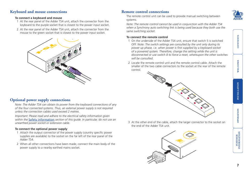 Keyboard and mouse connections, Optional power supply connections, Remote control connections | Adder Technology TS4 User Manual | Page 8 / 19