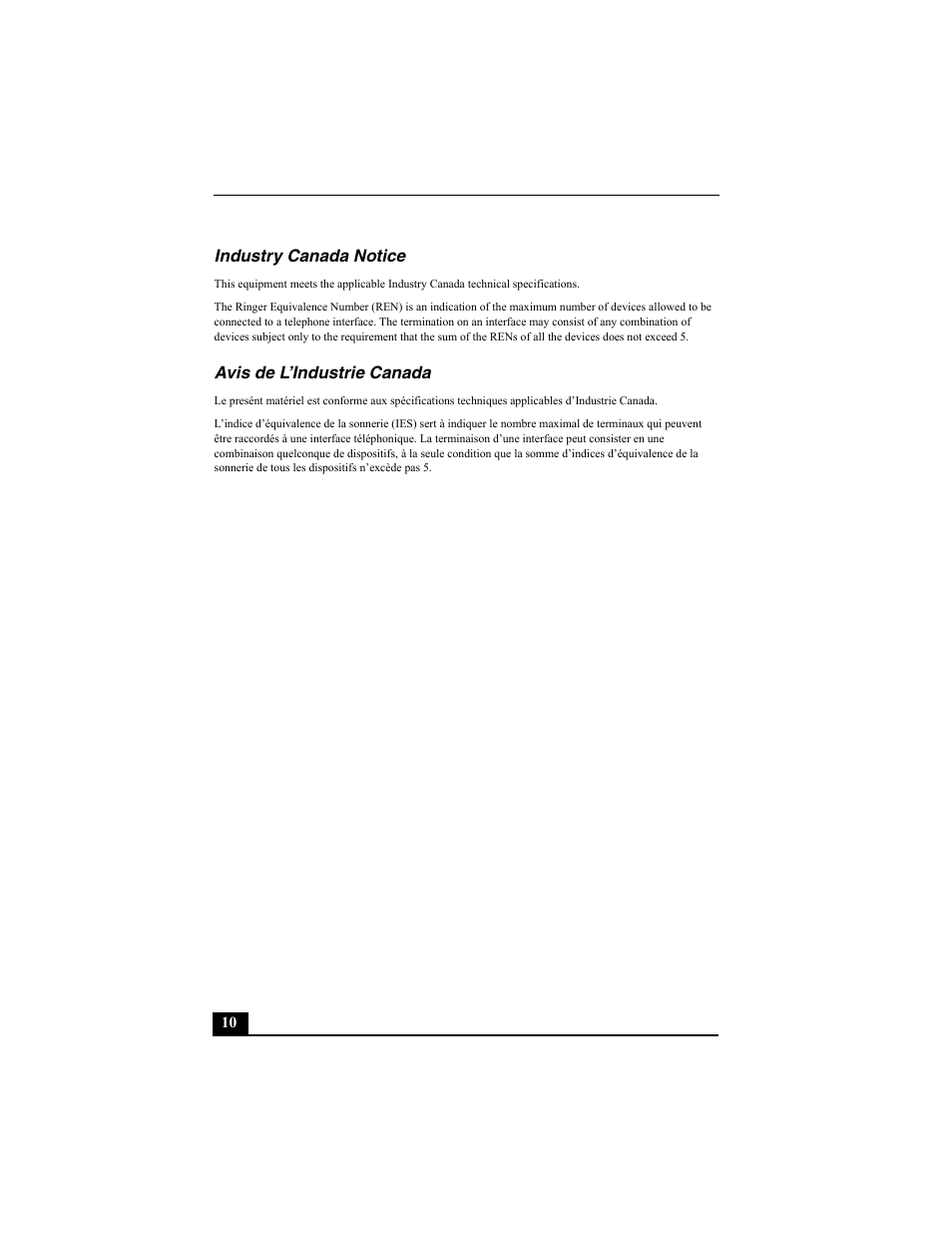 Industry canada notice, Avis de l’industrie canada | Sony PCV-RS312 User Manual | Page 10 / 60