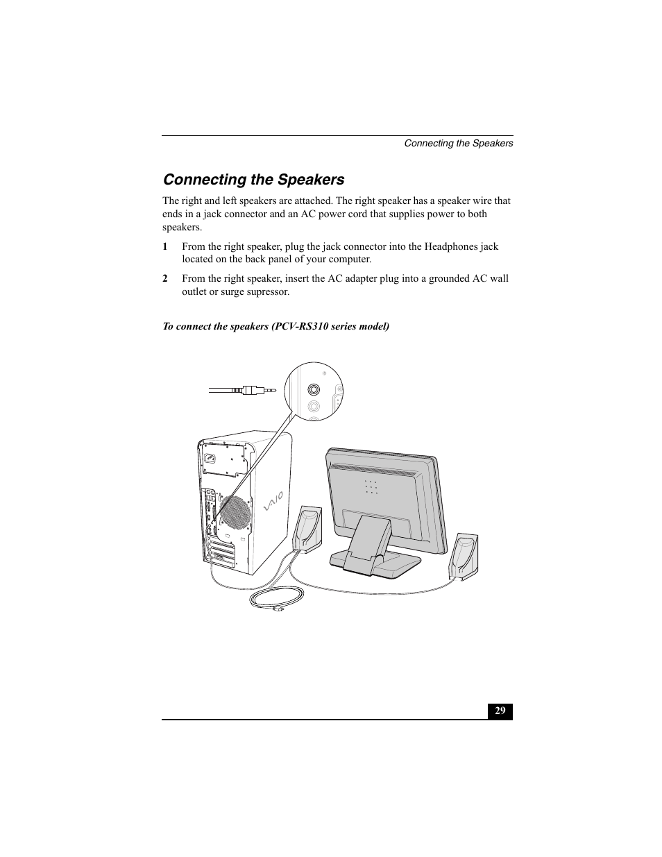 Connecting the speakers | Sony PCV-RS312 User Manual | Page 29 / 60