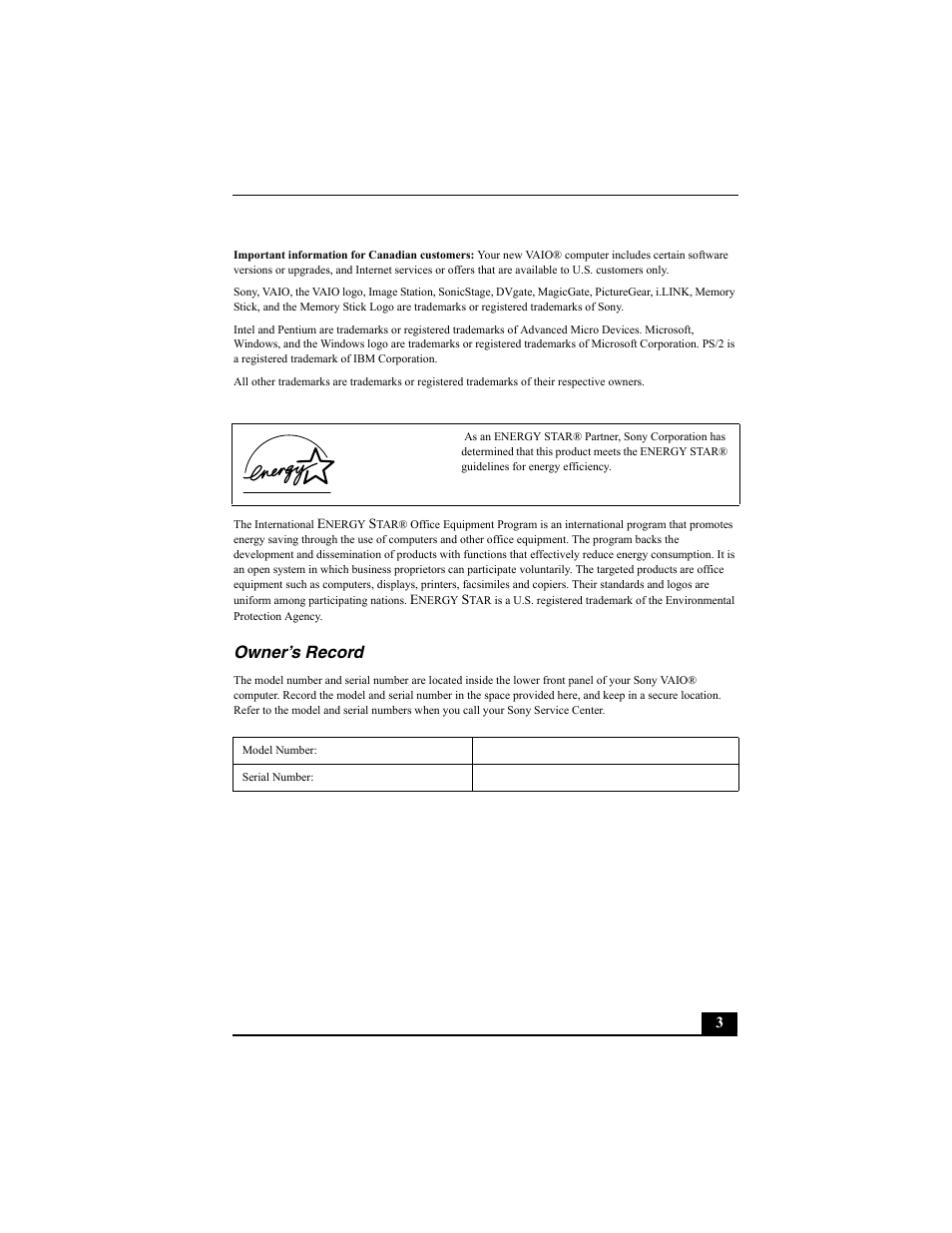 Owner’s record | Sony PCV-RS312 User Manual | Page 3 / 60