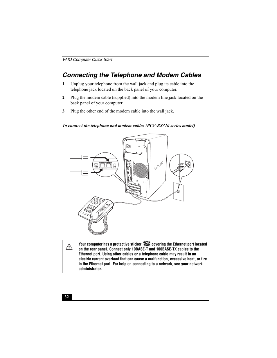 Connecting the telephone and modem cables | Sony PCV-RS312 User Manual | Page 32 / 60