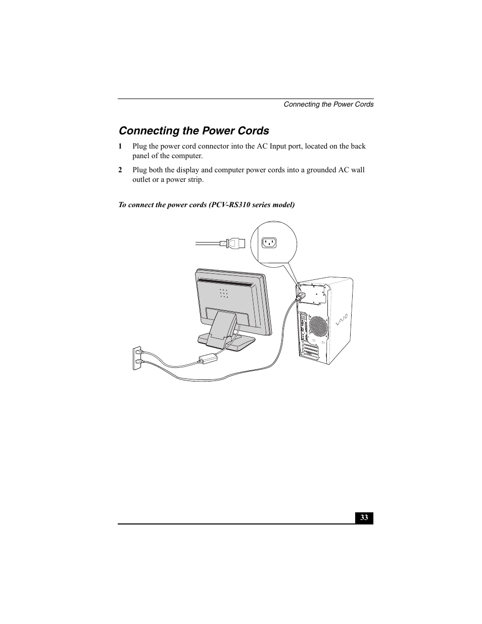 Connecting the power cords | Sony PCV-RS312 User Manual | Page 33 / 60