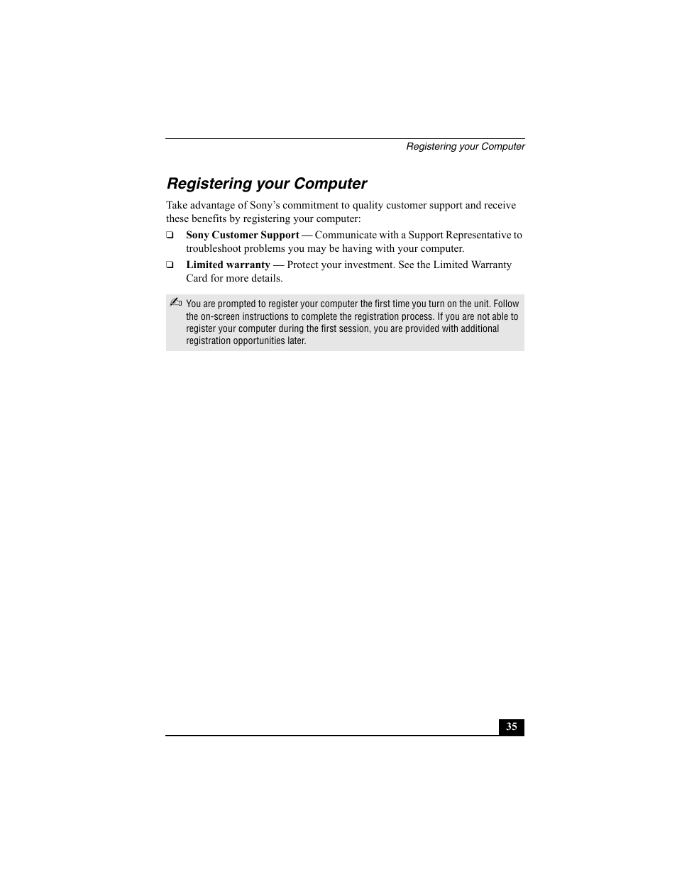 Registering your computer | Sony PCV-RS312 User Manual | Page 35 / 60