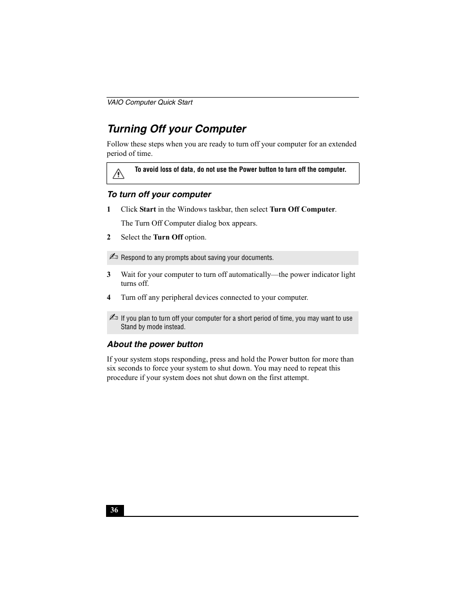 Turning off your computer | Sony PCV-RS312 User Manual | Page 36 / 60