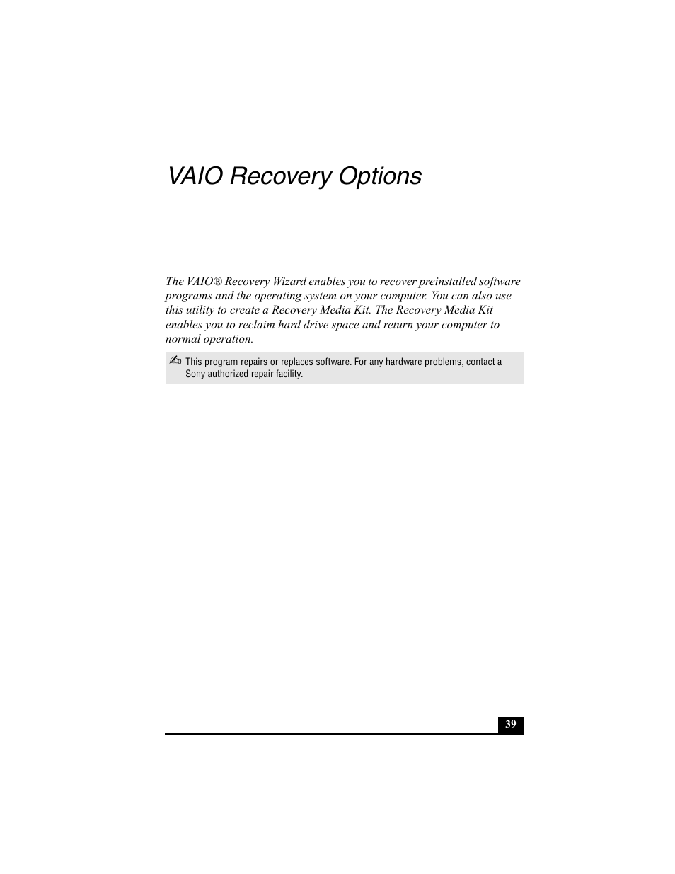 Vaio recovery options | Sony PCV-RS312 User Manual | Page 39 / 60