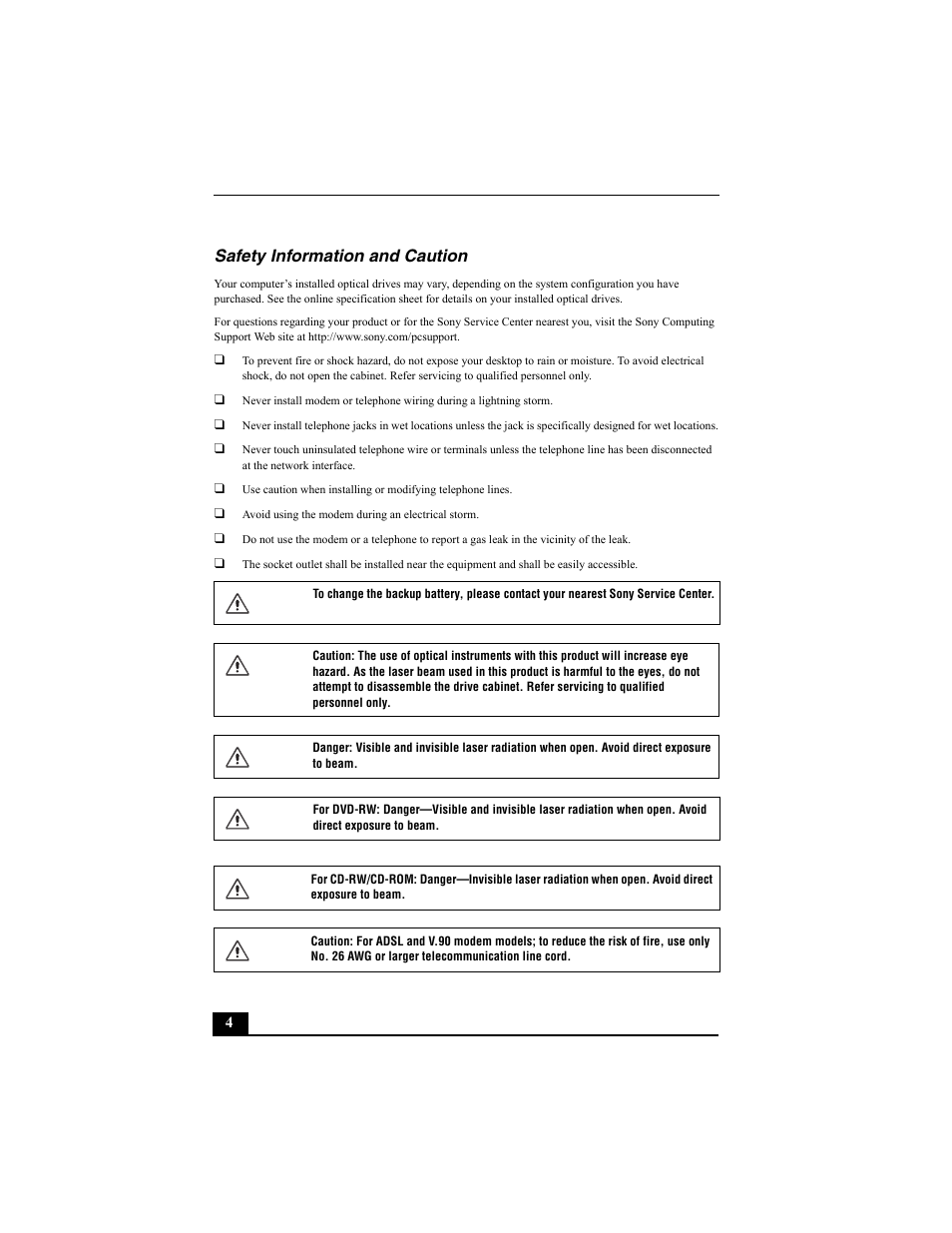 Safety information and caution | Sony PCV-RS312 User Manual | Page 4 / 60