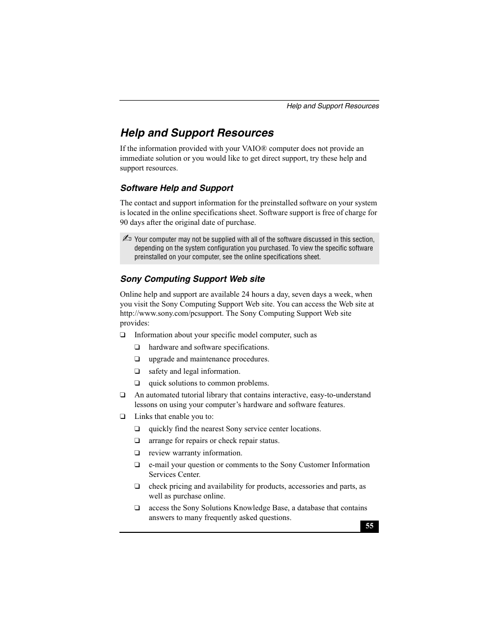 Help and support resources | Sony PCV-RS312 User Manual | Page 55 / 60