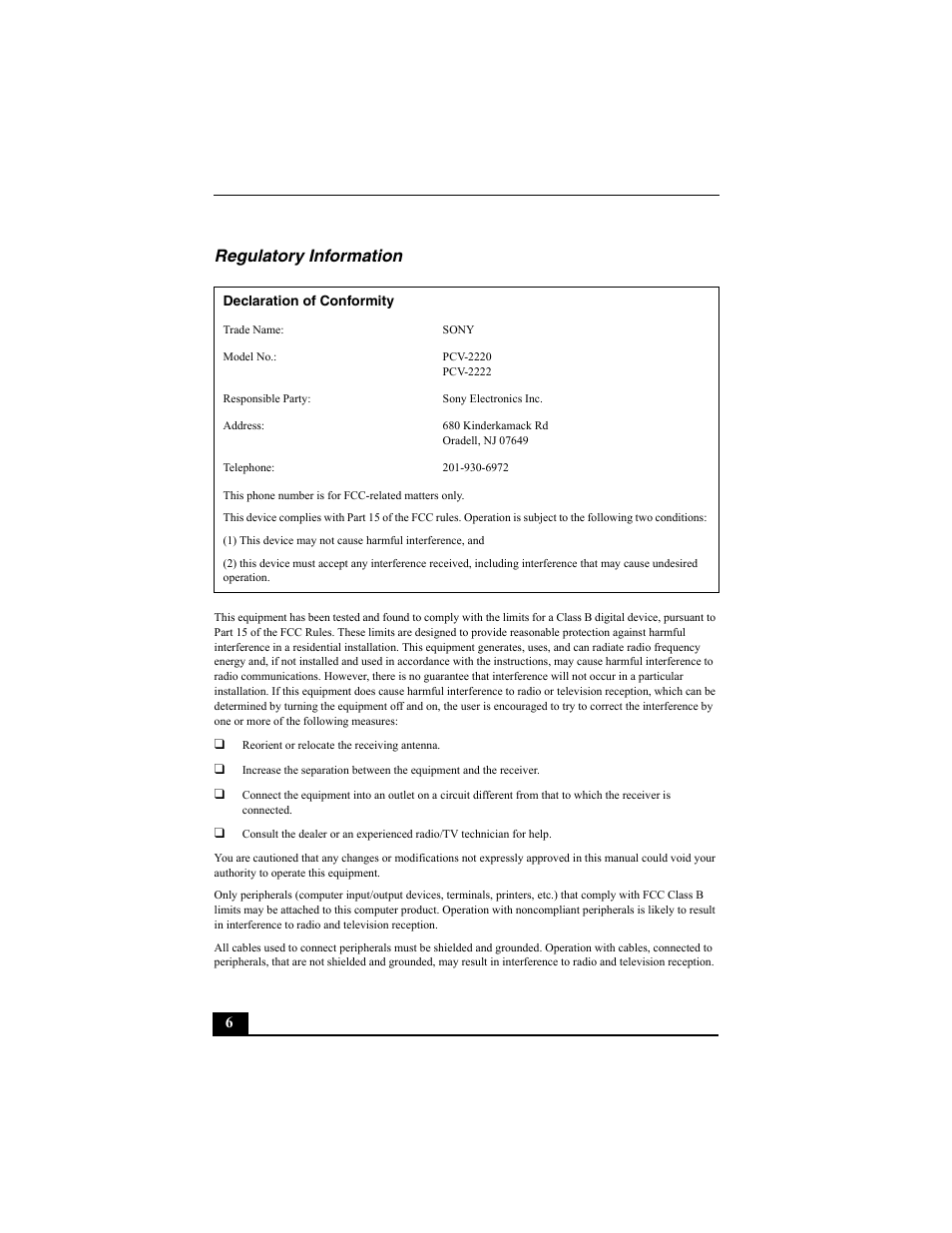 Regulatory information | Sony PCV-RS312 User Manual | Page 6 / 60