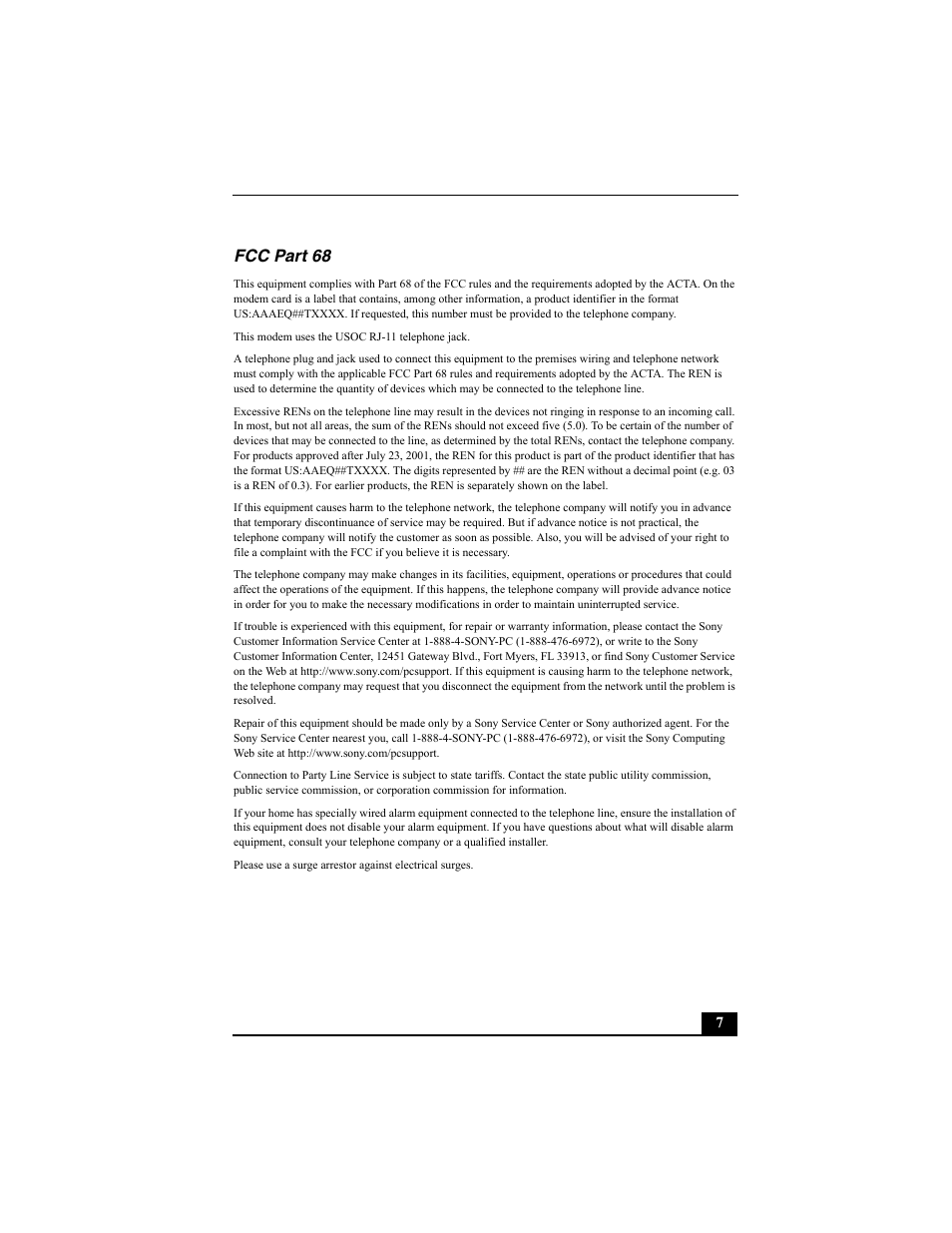 Fcc part 68 | Sony PCV-RS312 User Manual | Page 7 / 60