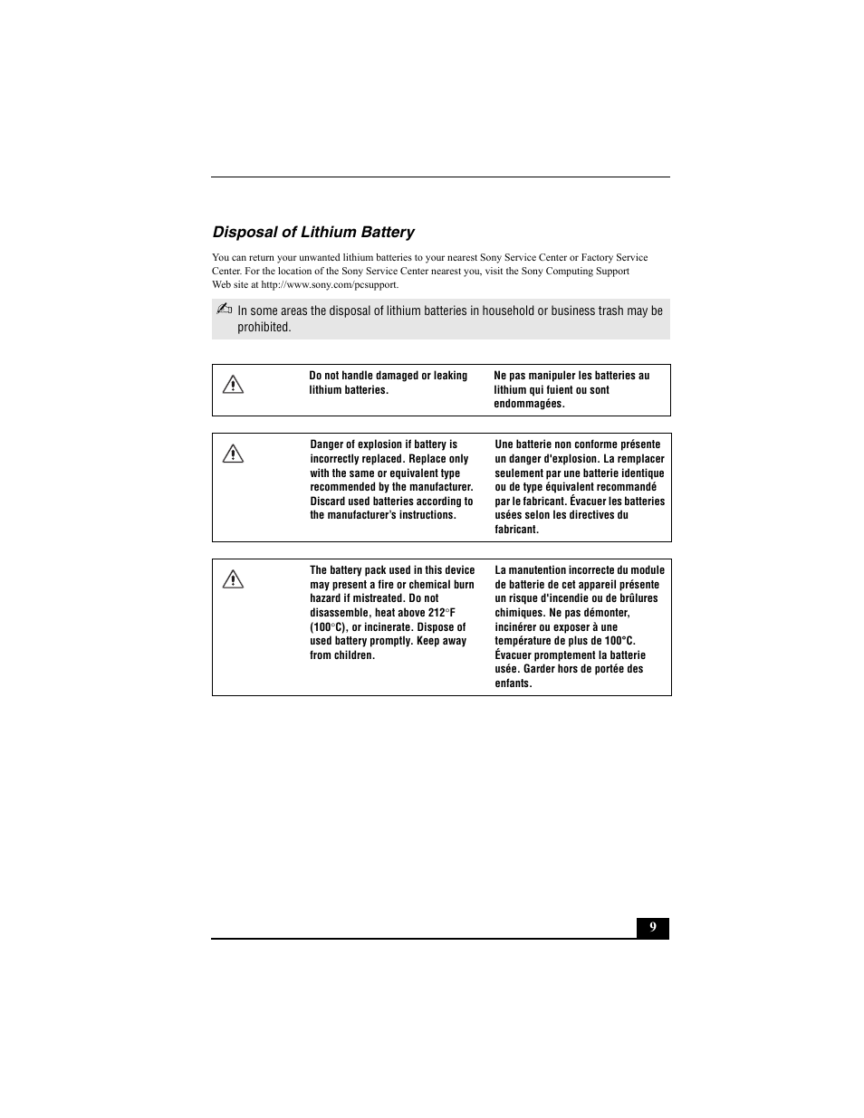 Disposal of lithium battery | Sony PCV-RS312 User Manual | Page 9 / 60