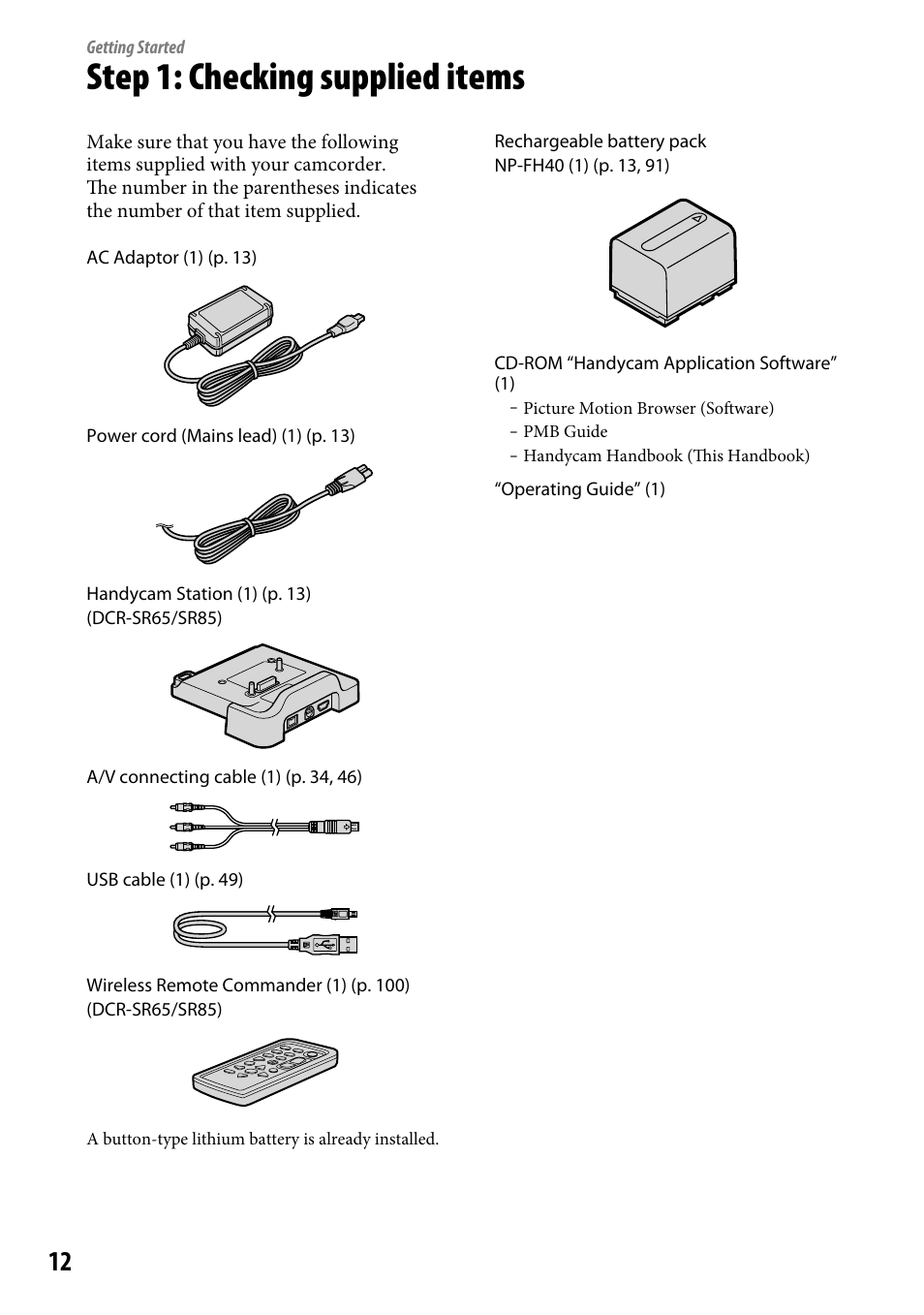 Getting started, Step 1: checking supplied items | Sony DCR-SR46BDL User Manual | Page 12 / 108